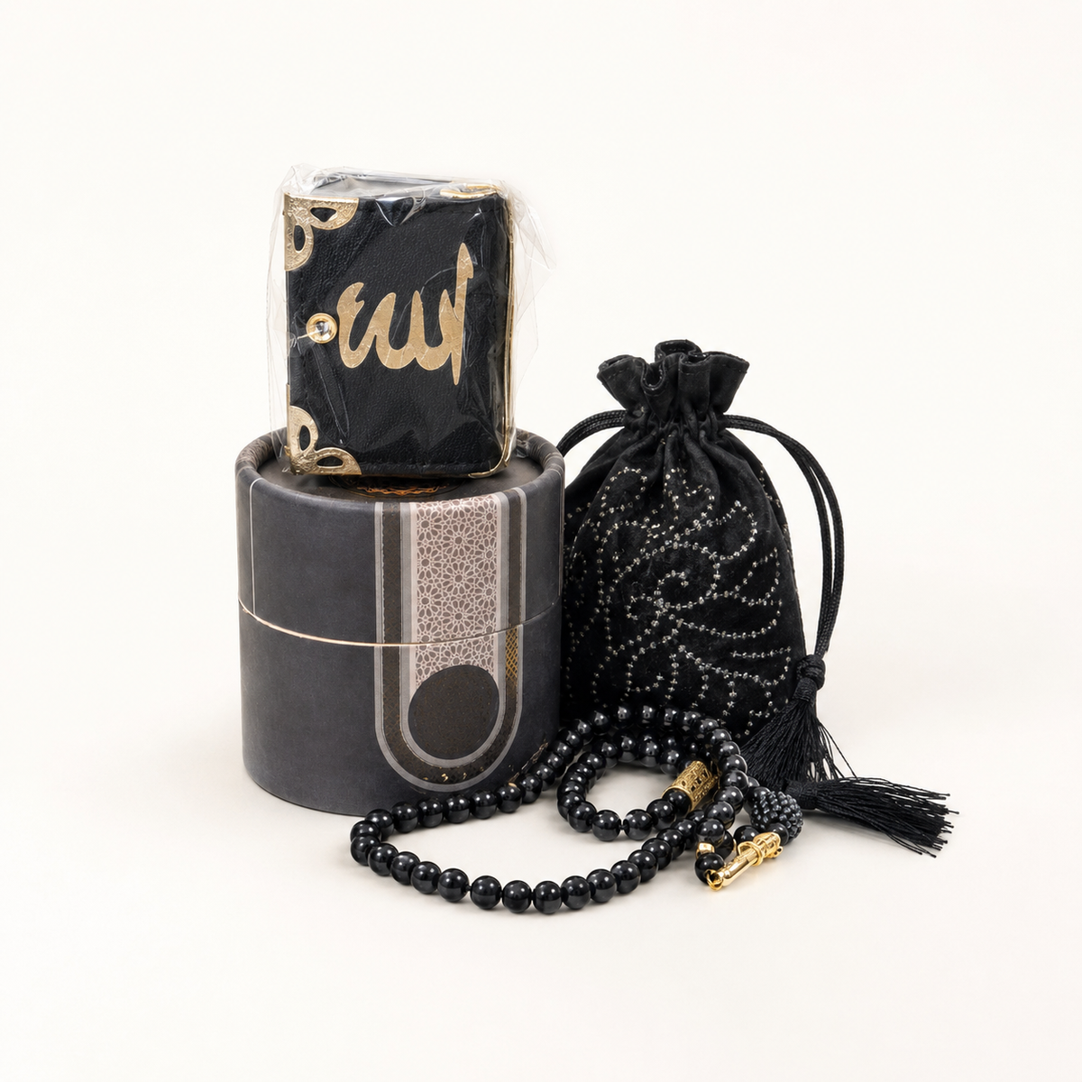Black Islamic gift set with tasbih and Allah pouch