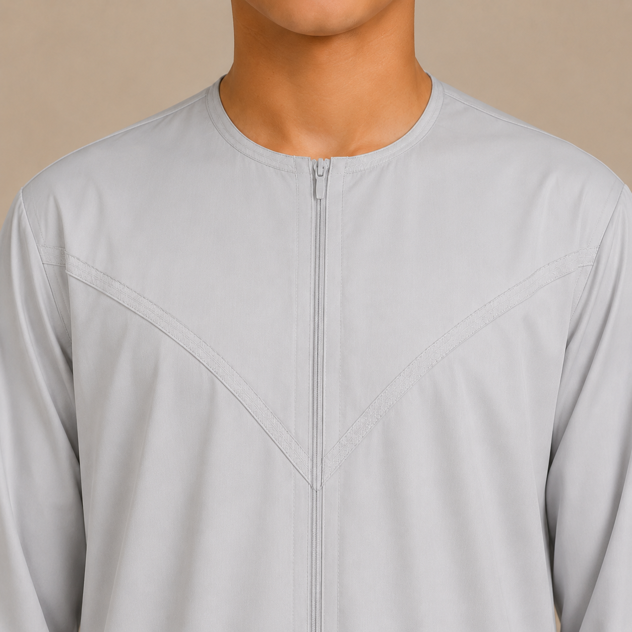 Silver grey cotton look boys jubba zip neckline detail