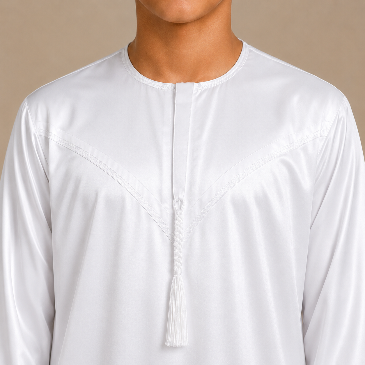White shiny boys jubba removable tassel neckline detail