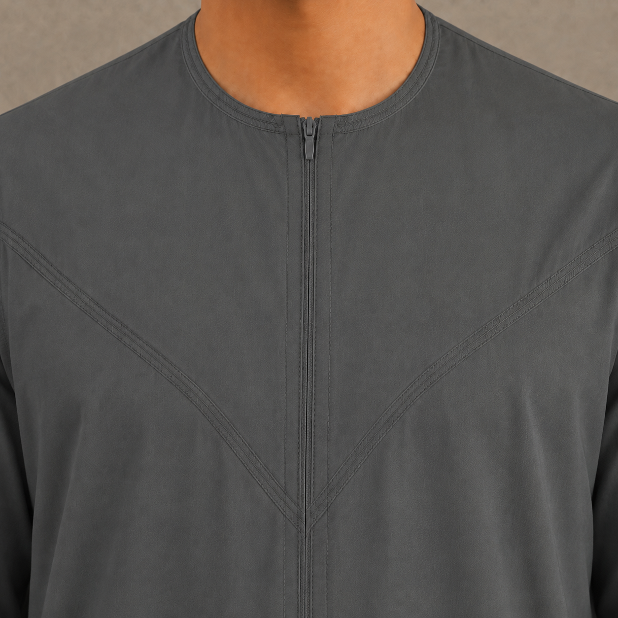Charcoal Grey cotton-look men's zip jubba without tassel – neckline detail