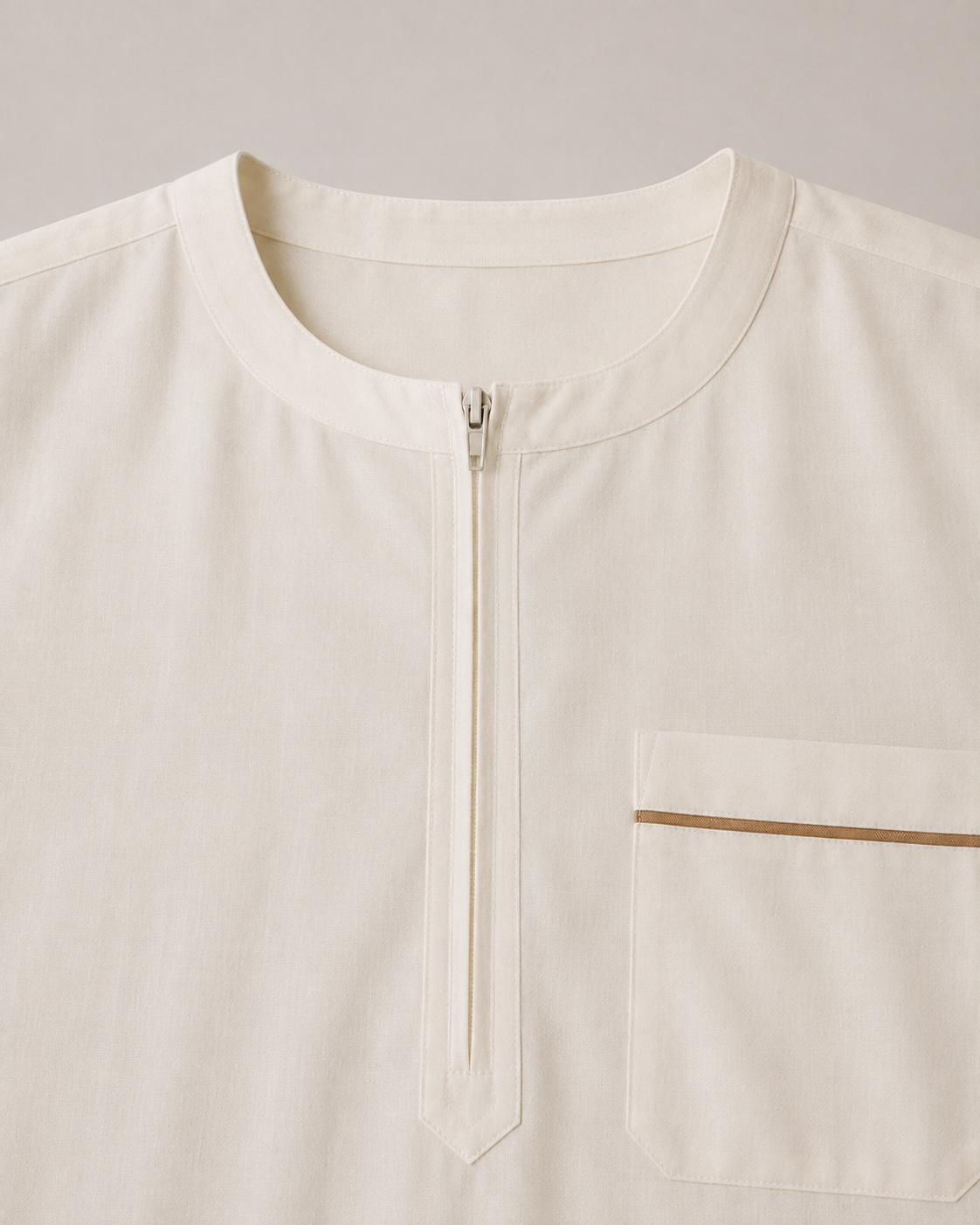 White Moroccan jubba neckline and chest pocket close-up