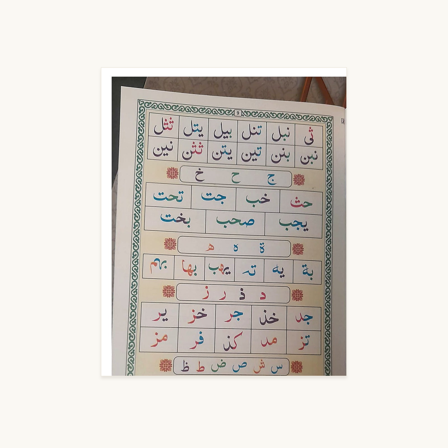 Noorani Qaidah – Orange Mosque Edition inside teaching page – original text and colours preserved