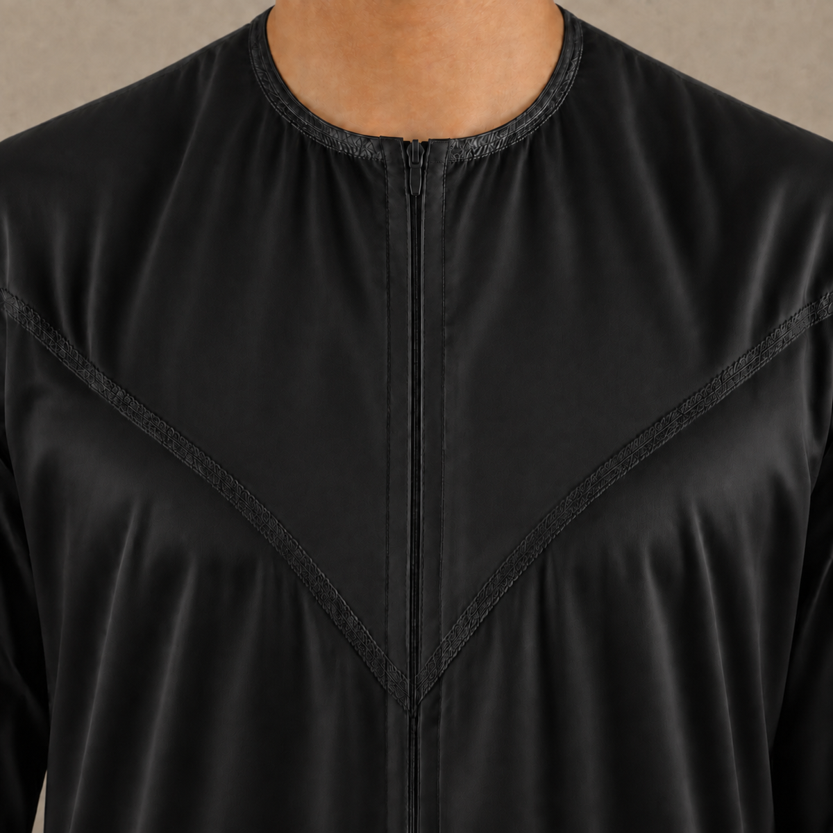 Silky black men's jubba thobe – zip neckline
