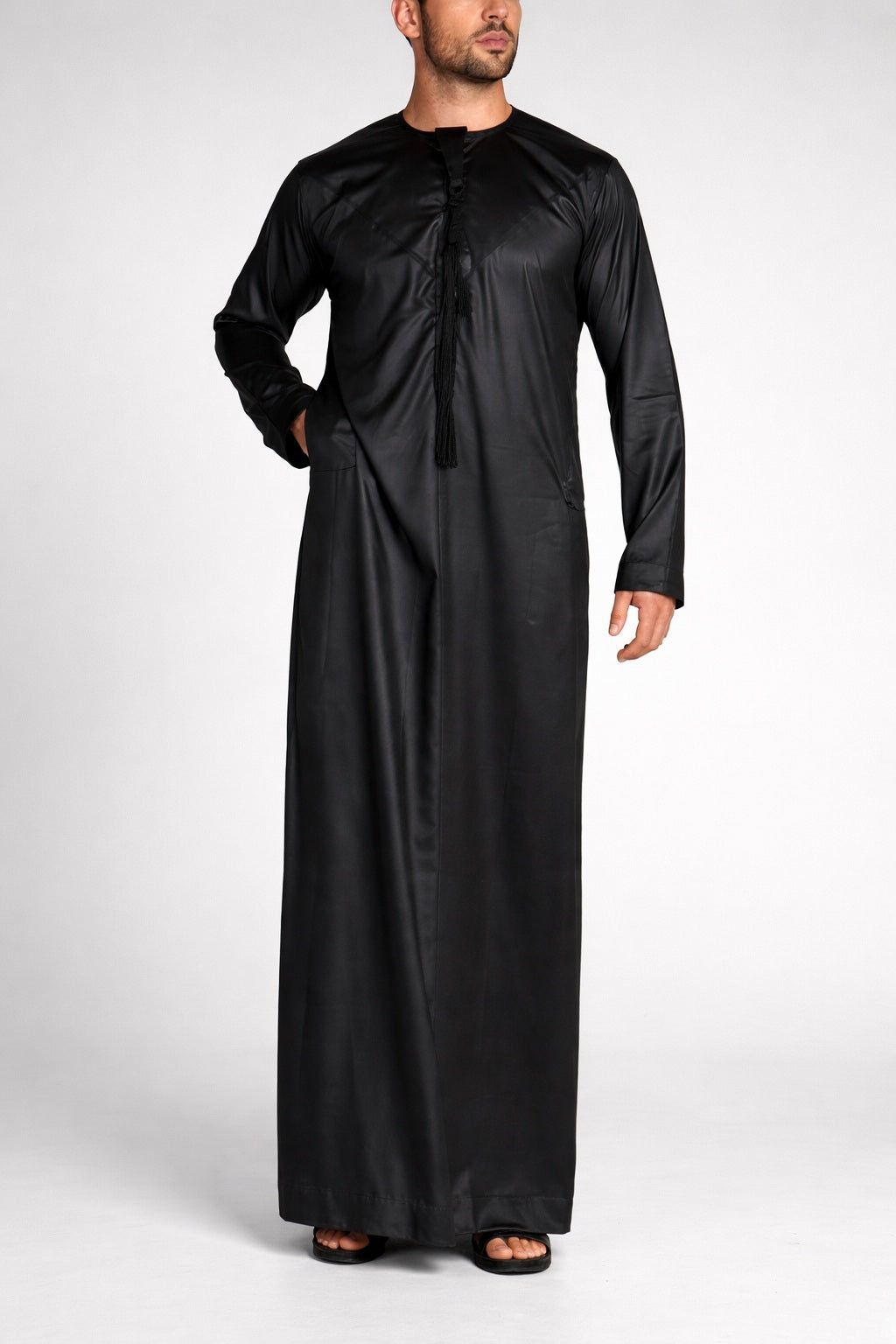 Silky Black Jubba Thobe Shiny  Polyester Material