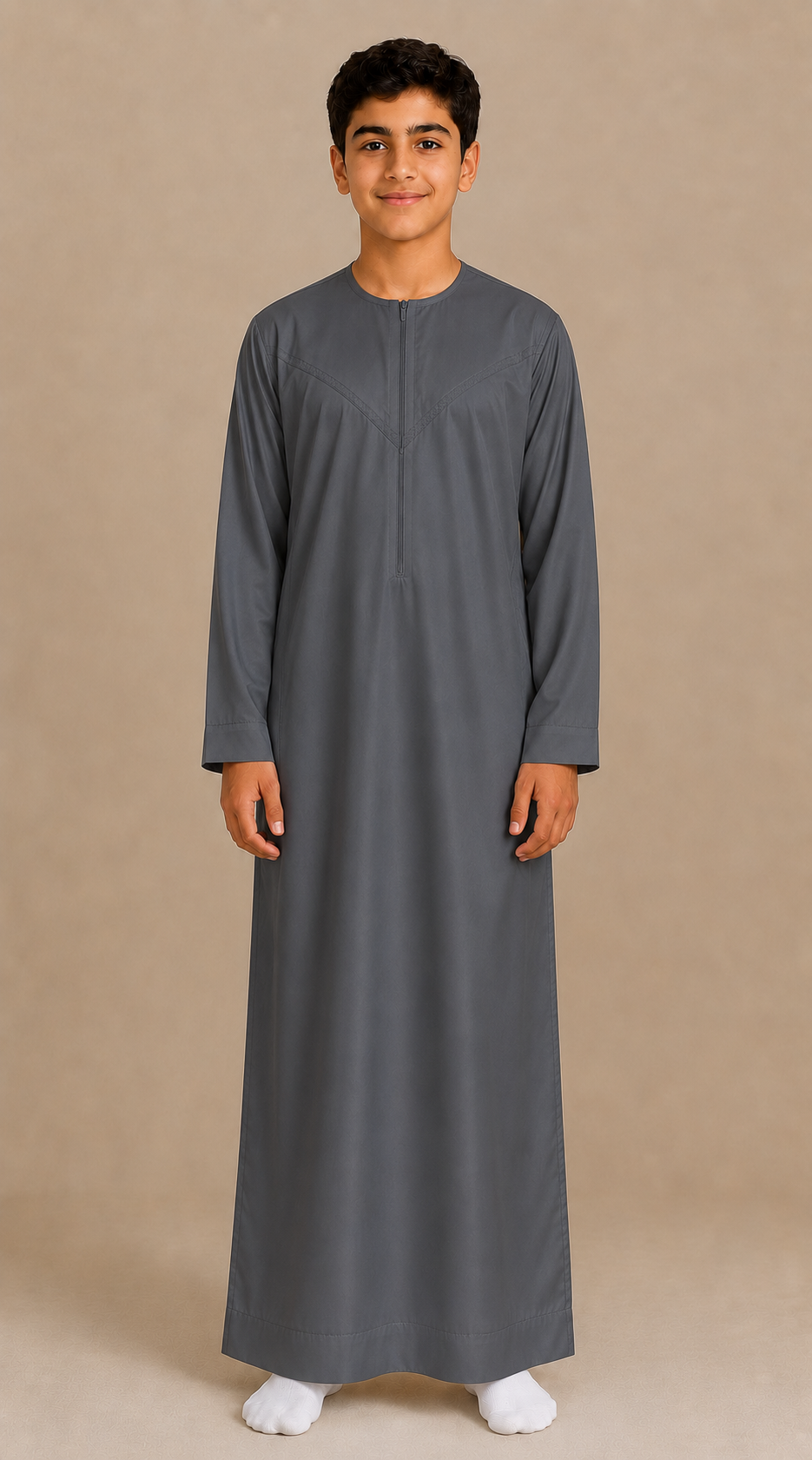 Boy wearing dark grey cotton look zip jubba