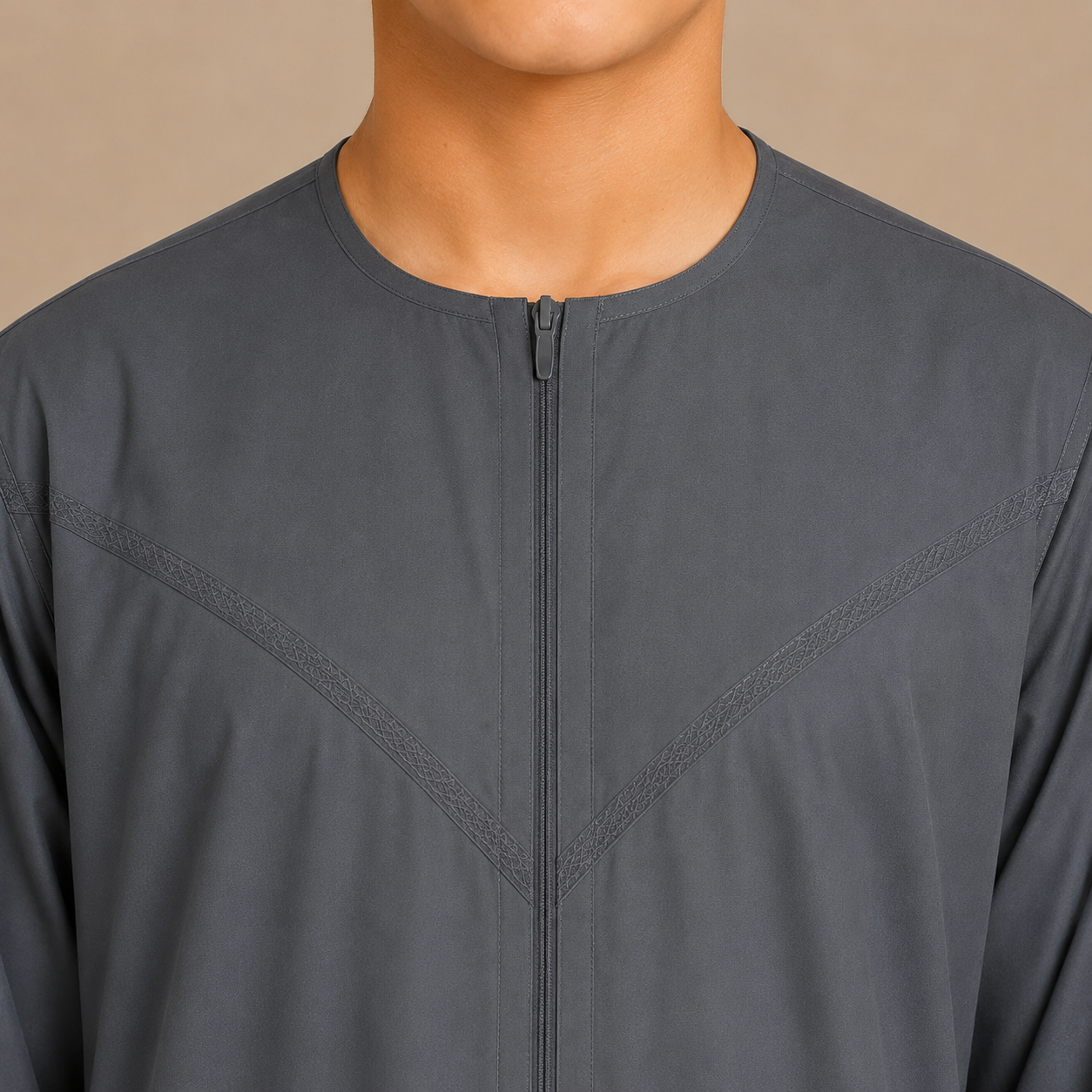 Dark grey cotton look boys jubba zip neckline detail