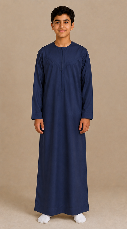 Boy wearing navy cotton look zip jubba