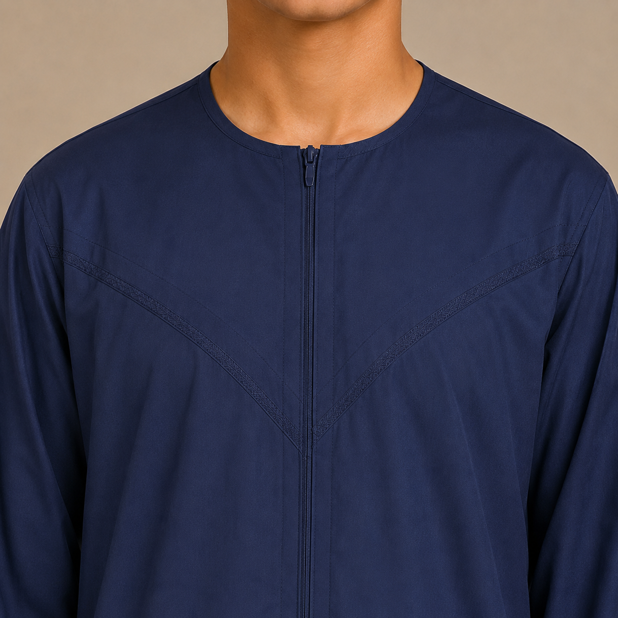 Navy cotton look boys jubba zip neckline detail