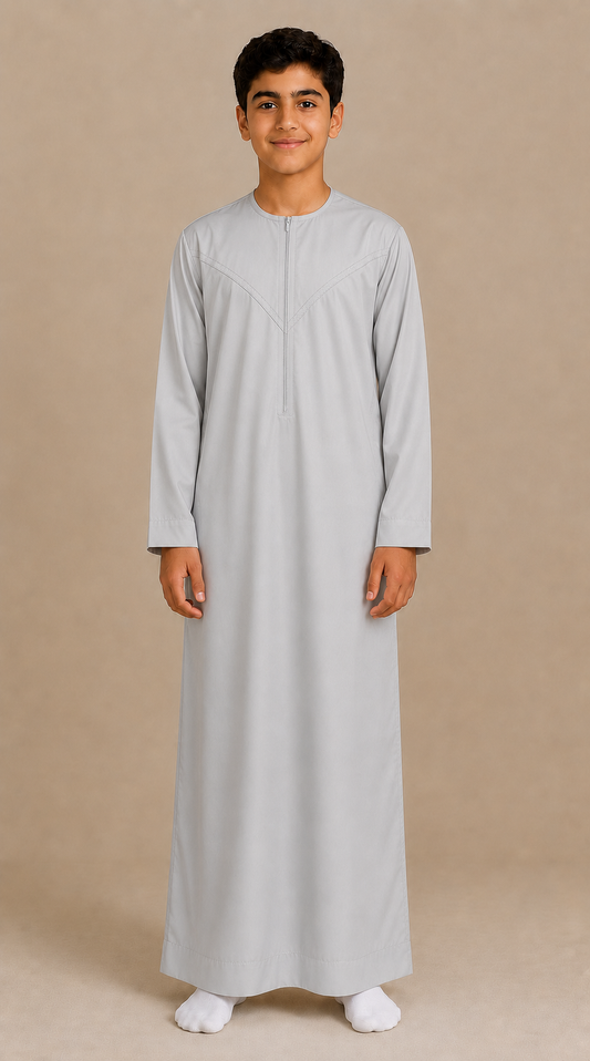 Boy wearing silver grey cotton look zip jubba