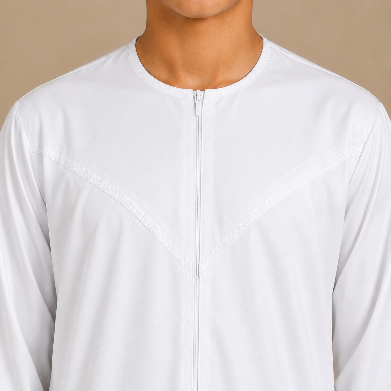 White cotton look boys jubba zip neckline detail