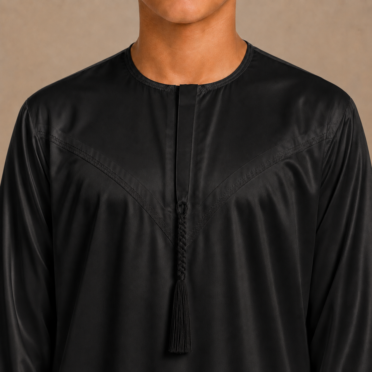 Black shiny boys jubba removable tassel neckline detail