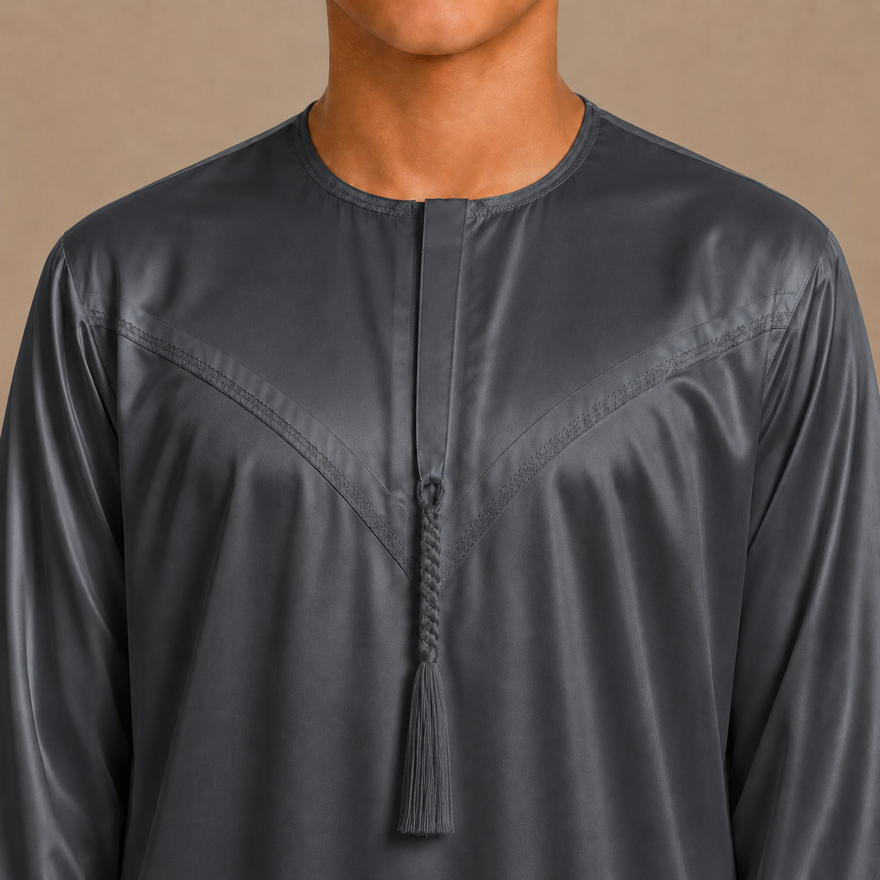 Dark grey shiny boys jubba removable tassel neckline detail