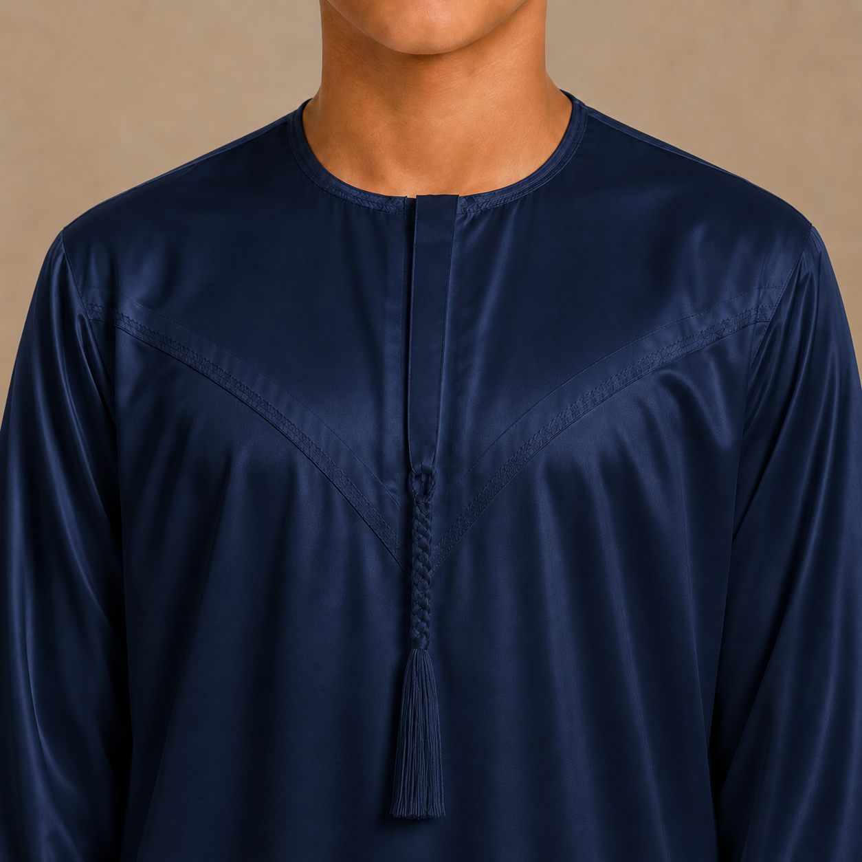 Navy shiny boys jubba removable tassel neckline detail