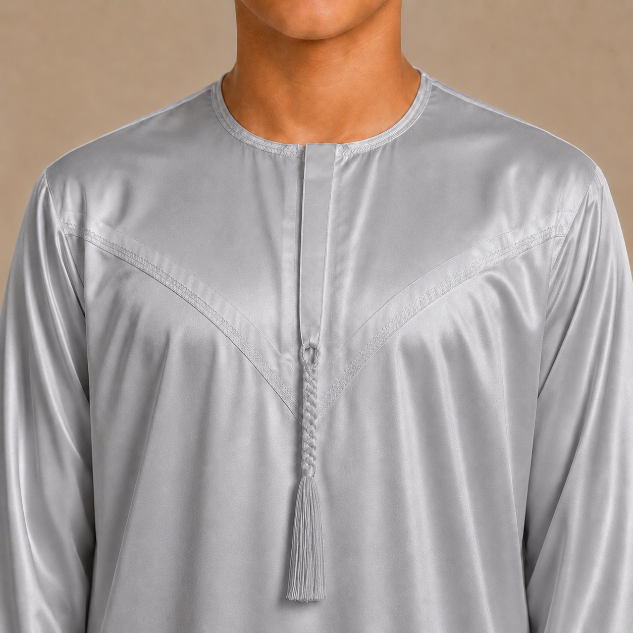 Silver grey shiny boys jubba removable tassel neckline detail