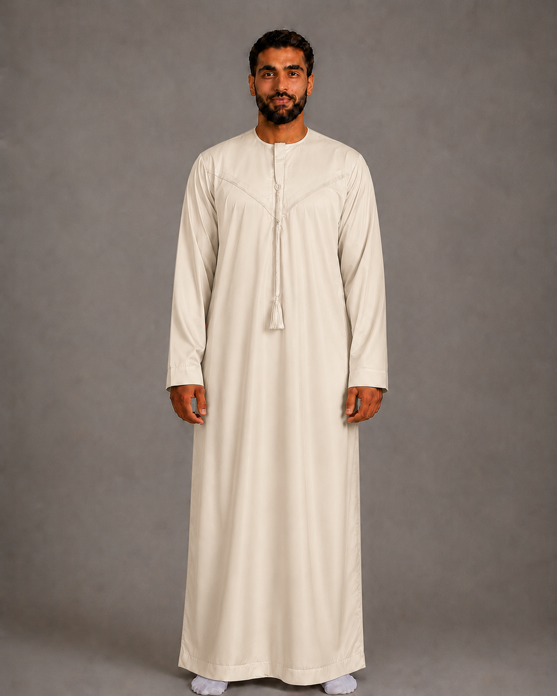 Cream cotton-look men's jubba – full-length front view