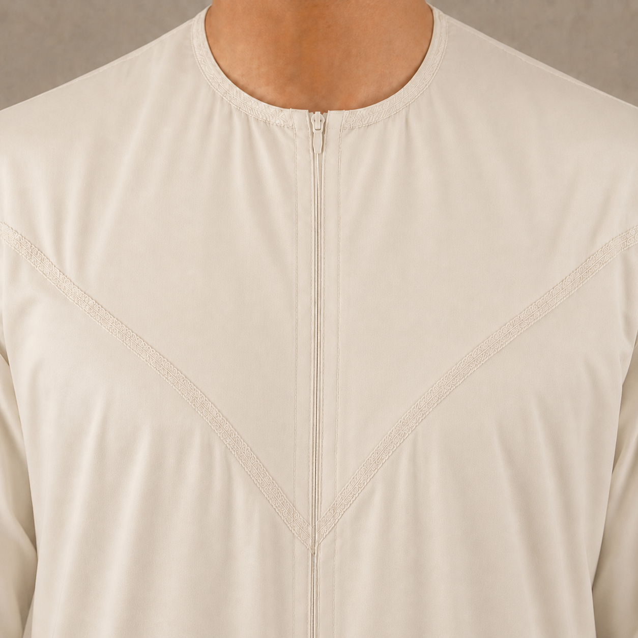 Cream cotton-look men's jubba – zip neckline detail