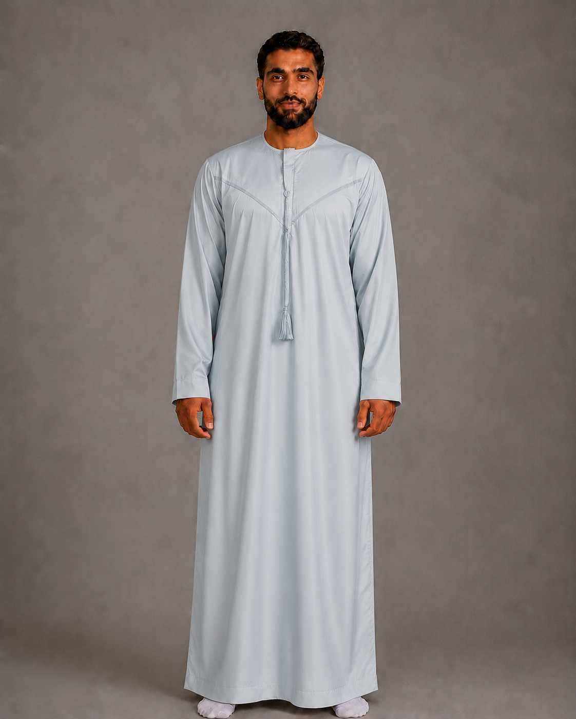 Light blue cotton-look men's jubba – full-length front view
