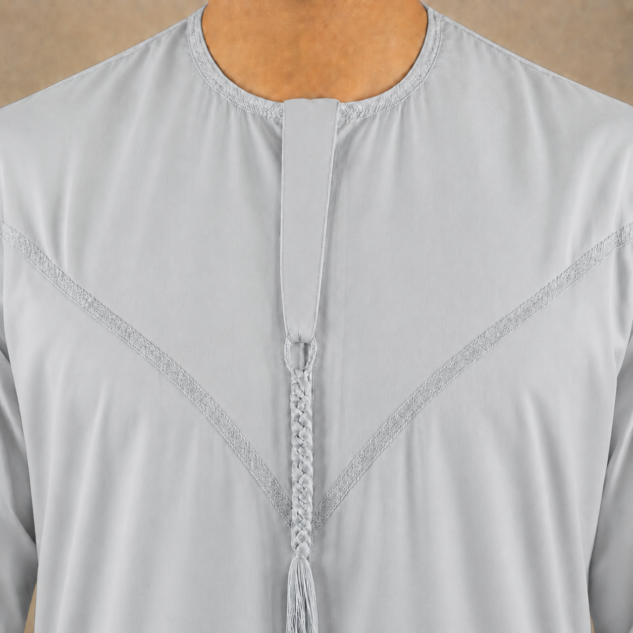 Light blue cotton-look men's jubba – removable tassel neckline detail