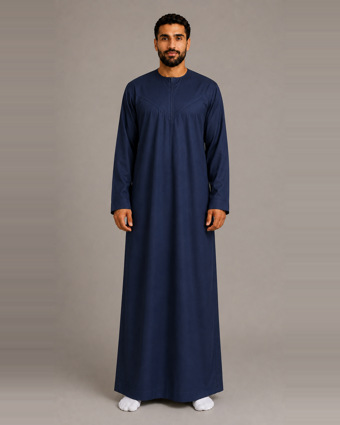 Navy cotton-look men's jubba – full-length front view