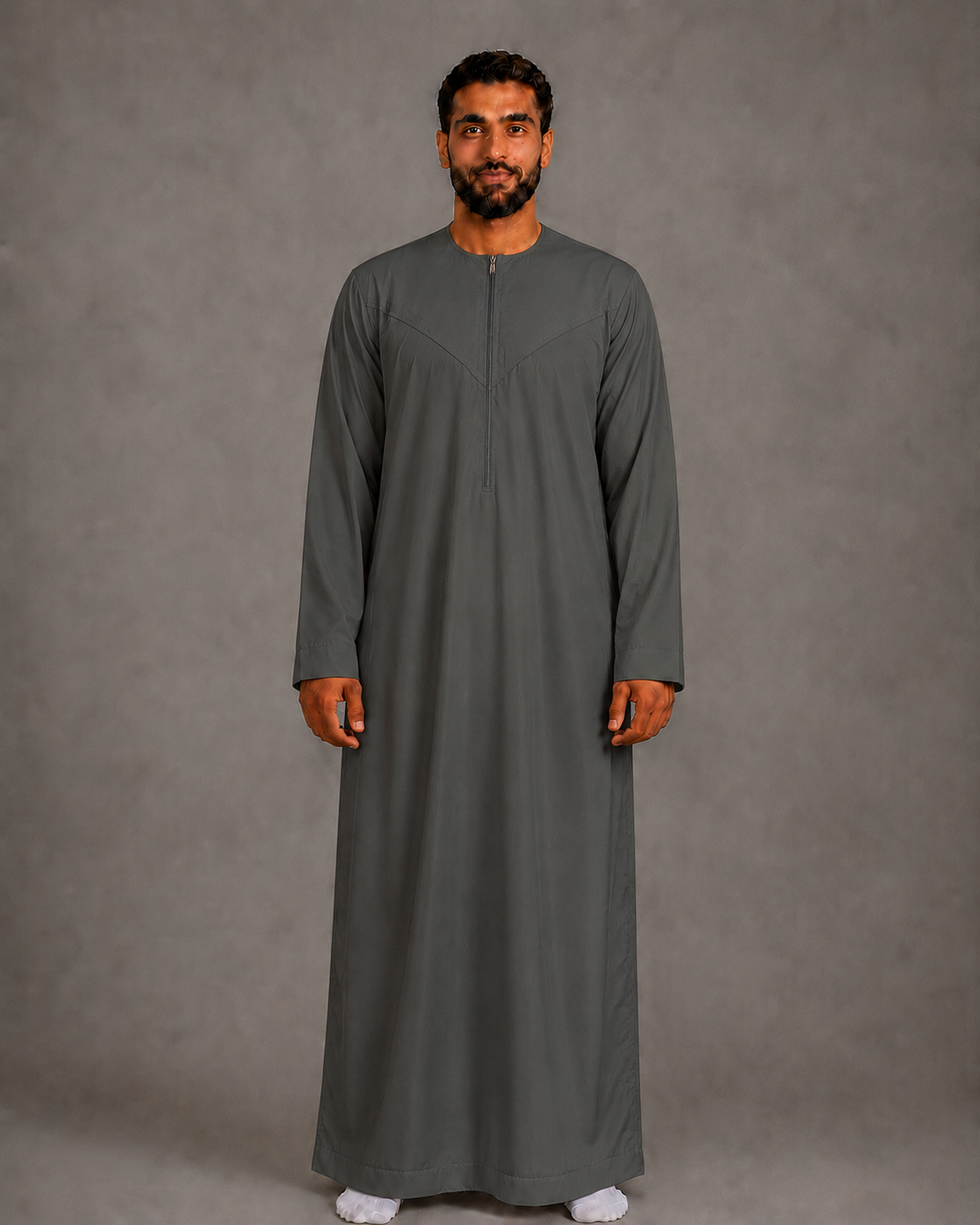 Charcoal Grey cotton-look men's zip jubba without tassel – full-length view