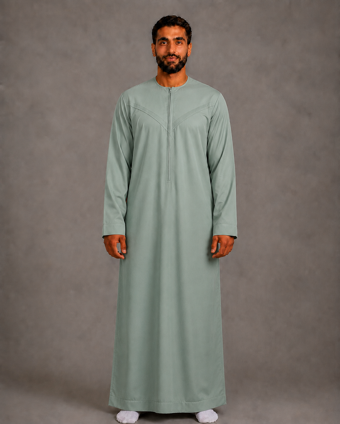 Sage Green cotton-look men's zip jubba without tassel – full-length view