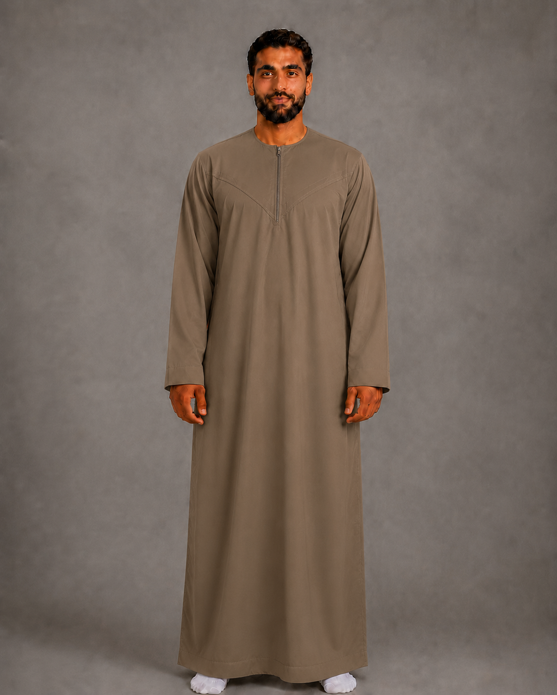 Taupe Brown cotton-look men's zip jubba without tassel – full-length view