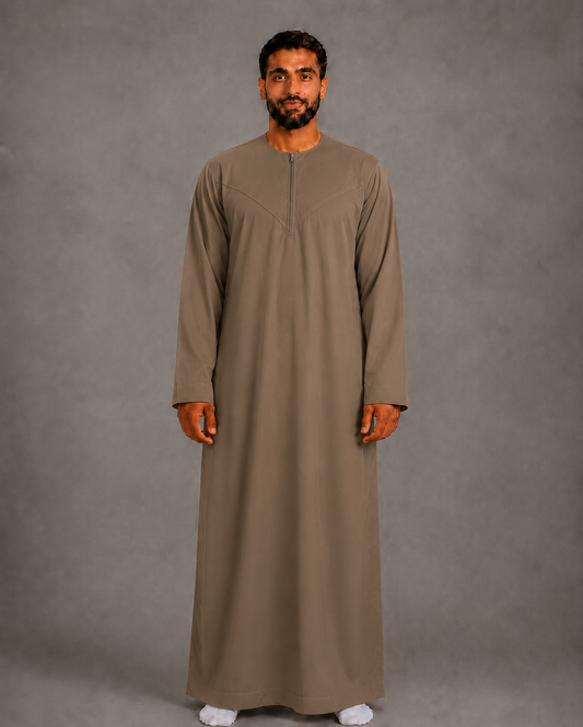 Taupe Brown cotton-look men's zip jubba without tassel – full-length view