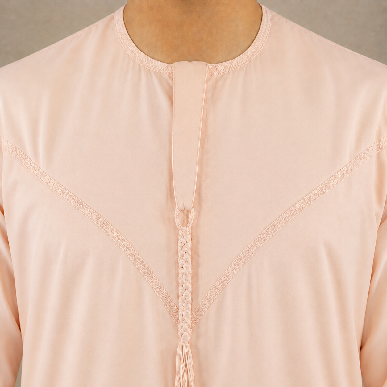 Peach cotton-look men's jubba – removable tassel neckline detail