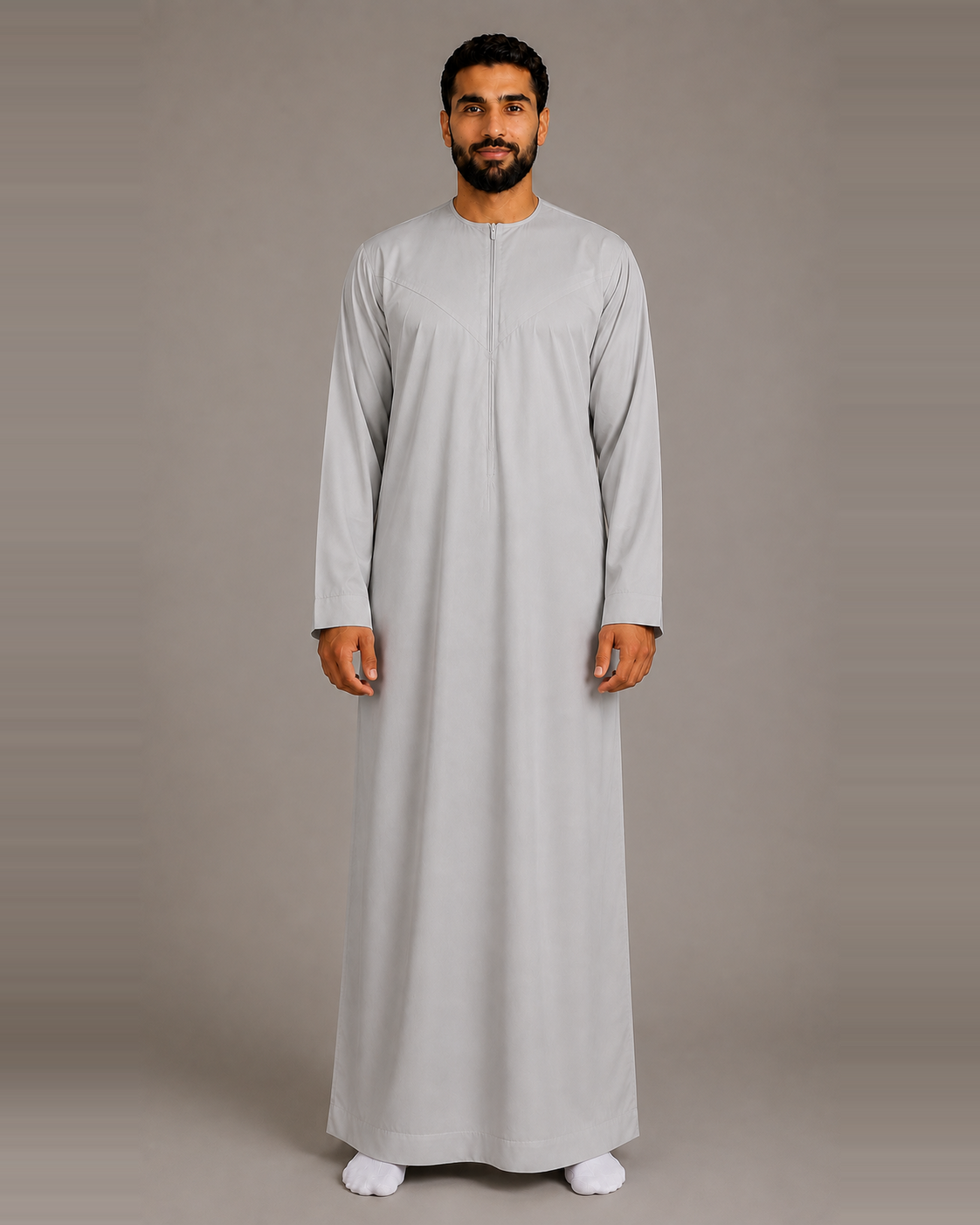 Silver-grey cotton-look men's jubba – full-length front view