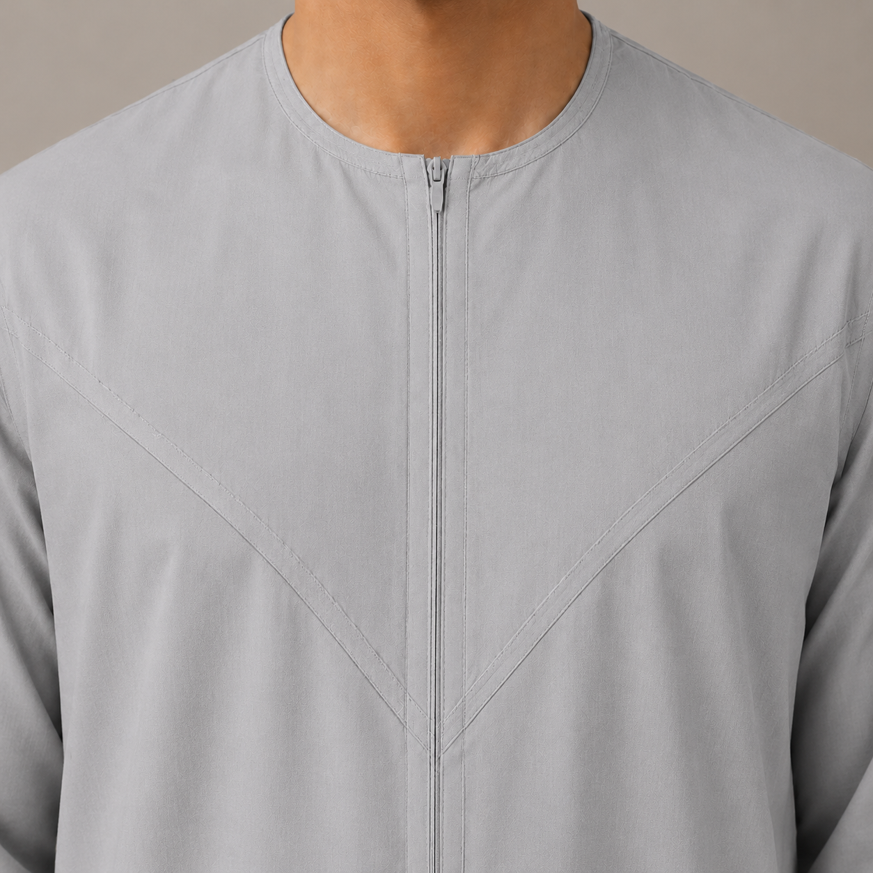 Silver-grey cotton-look men's jubba – zip neckline detail