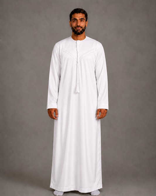 White cotton-look men's jubba – full-length front view