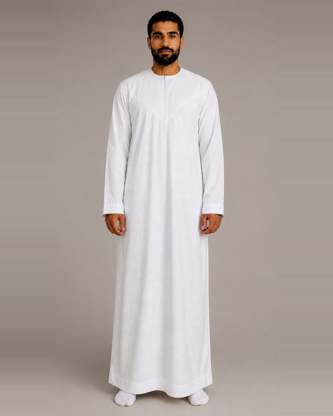 White cotton-look men's jubba – full-length front view