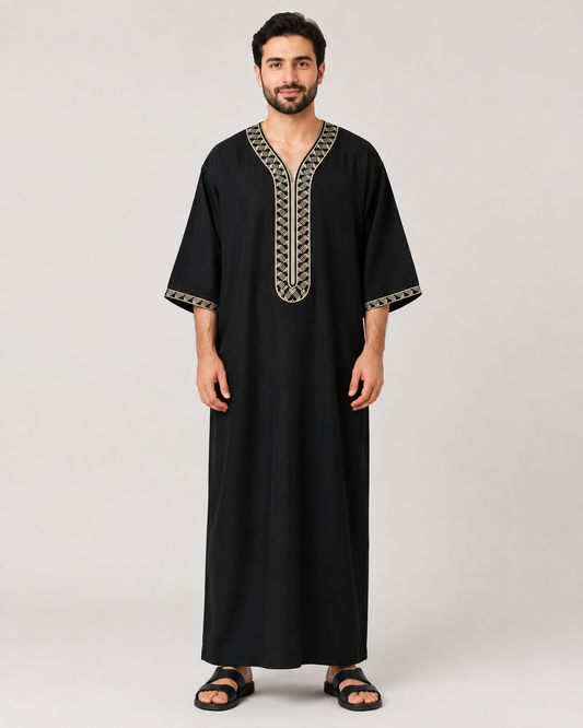 Black Moroccan jubba with cream geometric trim full-length view