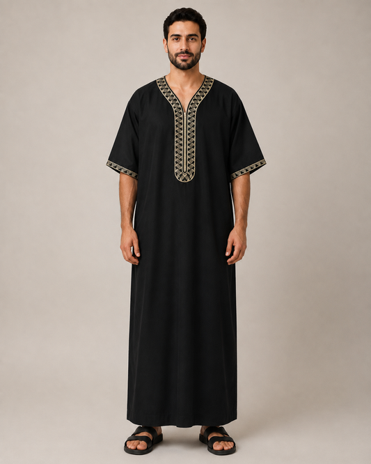 Black Moroccan jubba with gold embroidery full-length view