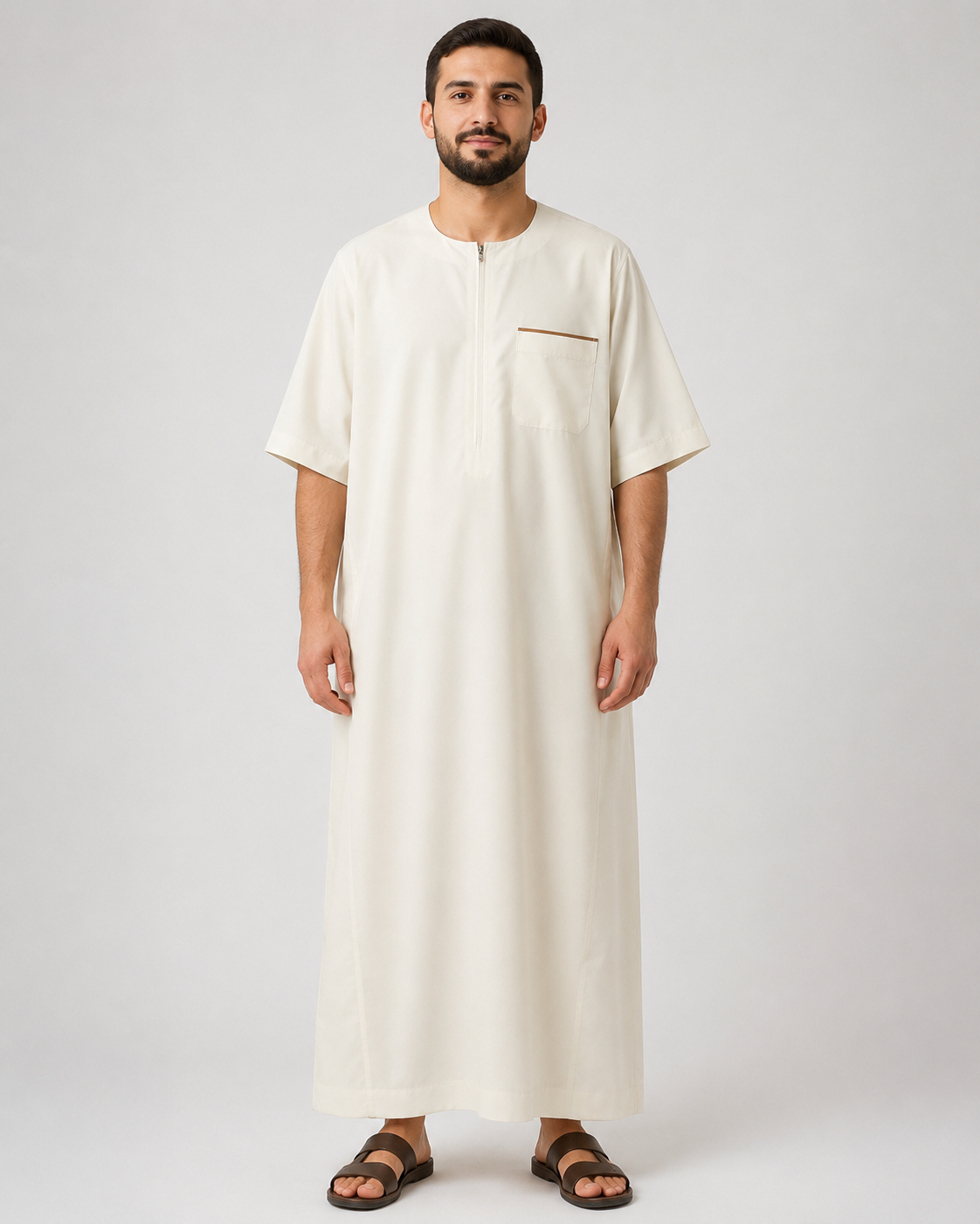 Ivory Moroccan jubba with chest pocket full-length view