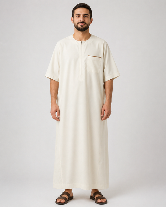 Ivory Moroccan jubba with chest pocket full-length view