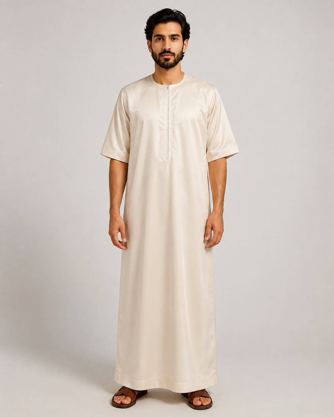 Ivory Moroccan jubba stitched chest design full-length view
