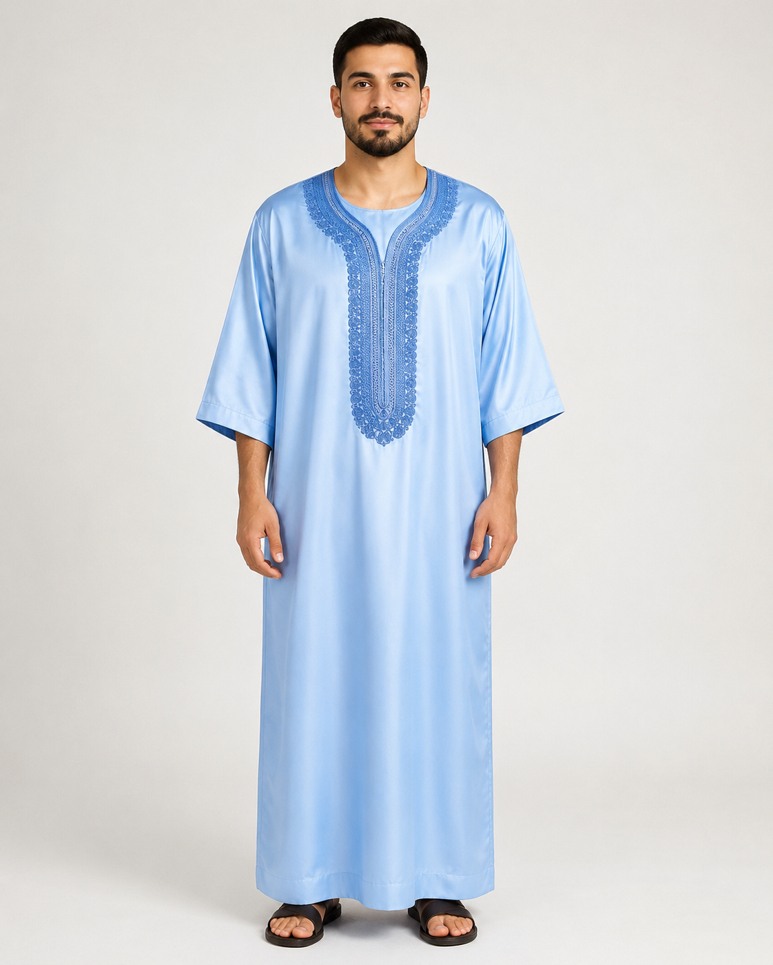 Light blue Moroccan jubba embroidered full-length view