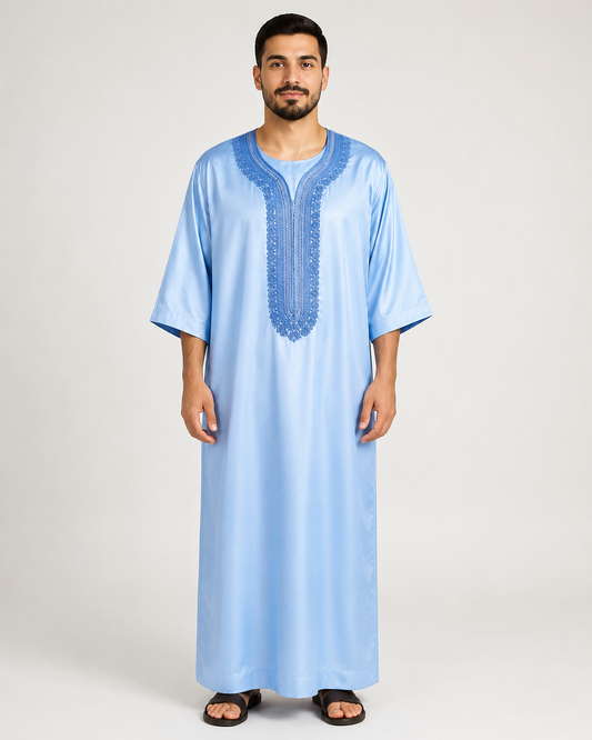 Light blue Moroccan jubba embroidered full-length view