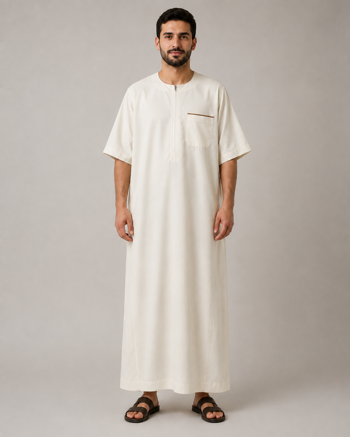 White Moroccan jubba with chest pocket full-length view
