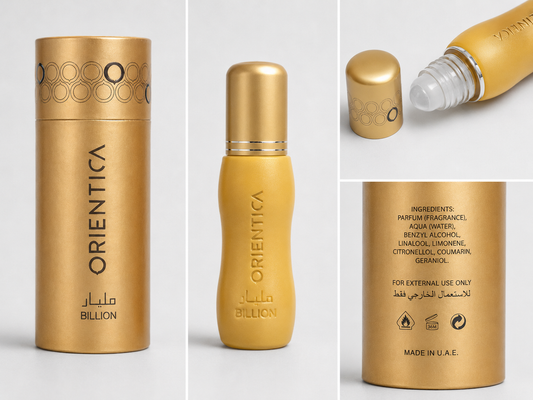 Orientica Billion concentrated perfume oil AI product collage