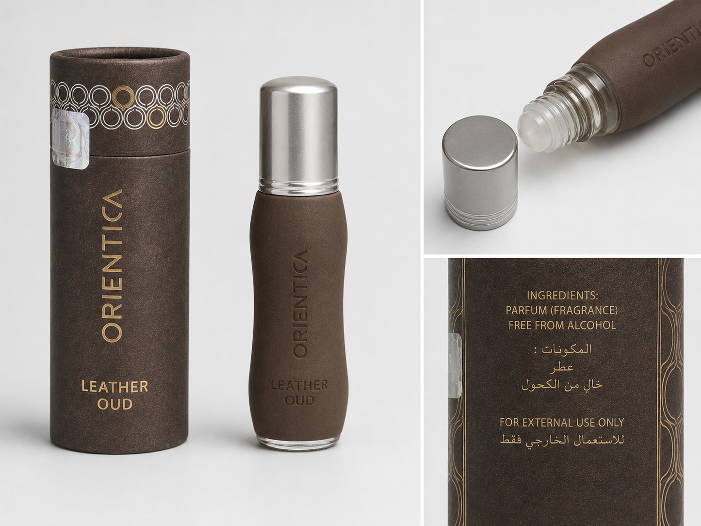Orientica Oud Wood concentrated perfume oil AI product collage