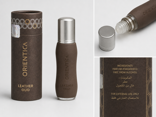 Orientica Oud Wood concentrated perfume oil AI product collage