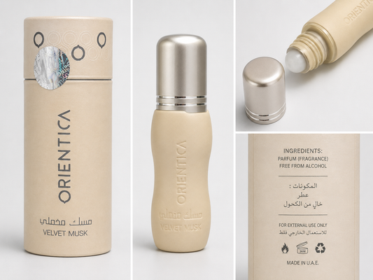 Orientica Velvet Musk concentrated perfume oil AI product collage