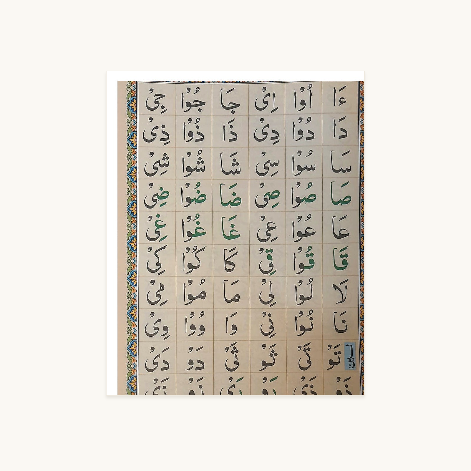 Noorani Qaida – Floral Urdu Edition inside teaching page – original text and colours preserved
