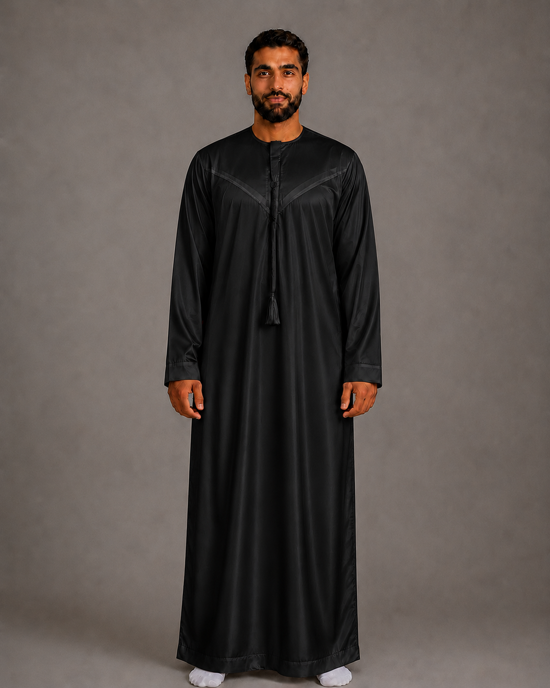 Silky black men's jubba thobe – full-length low-shine view