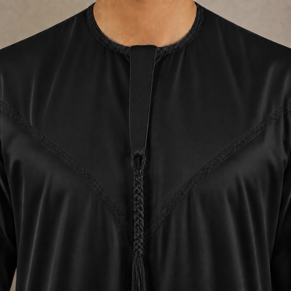 Silky black men's jubba thobe – removable tassel neckline