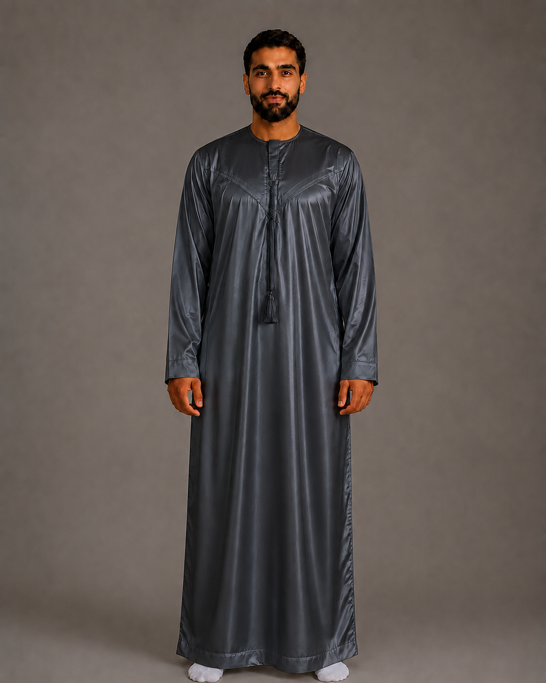 Silky dark-grey men's jubba thobe – full-length view
