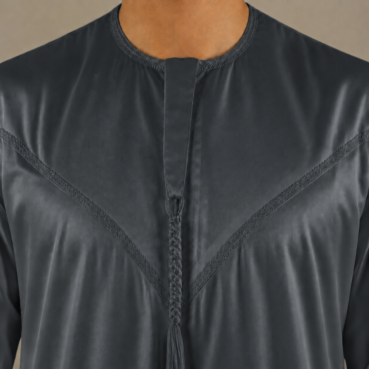 Silky dark-grey men's jubba thobe – removable tassel neckline