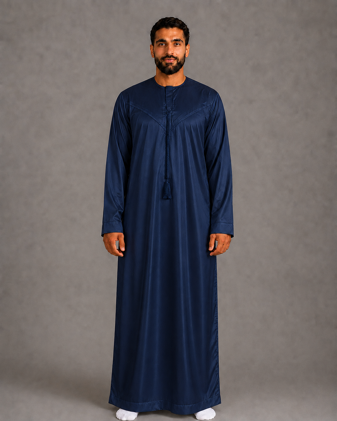 Silky navy men's jubba thobe – full-length low-shine view